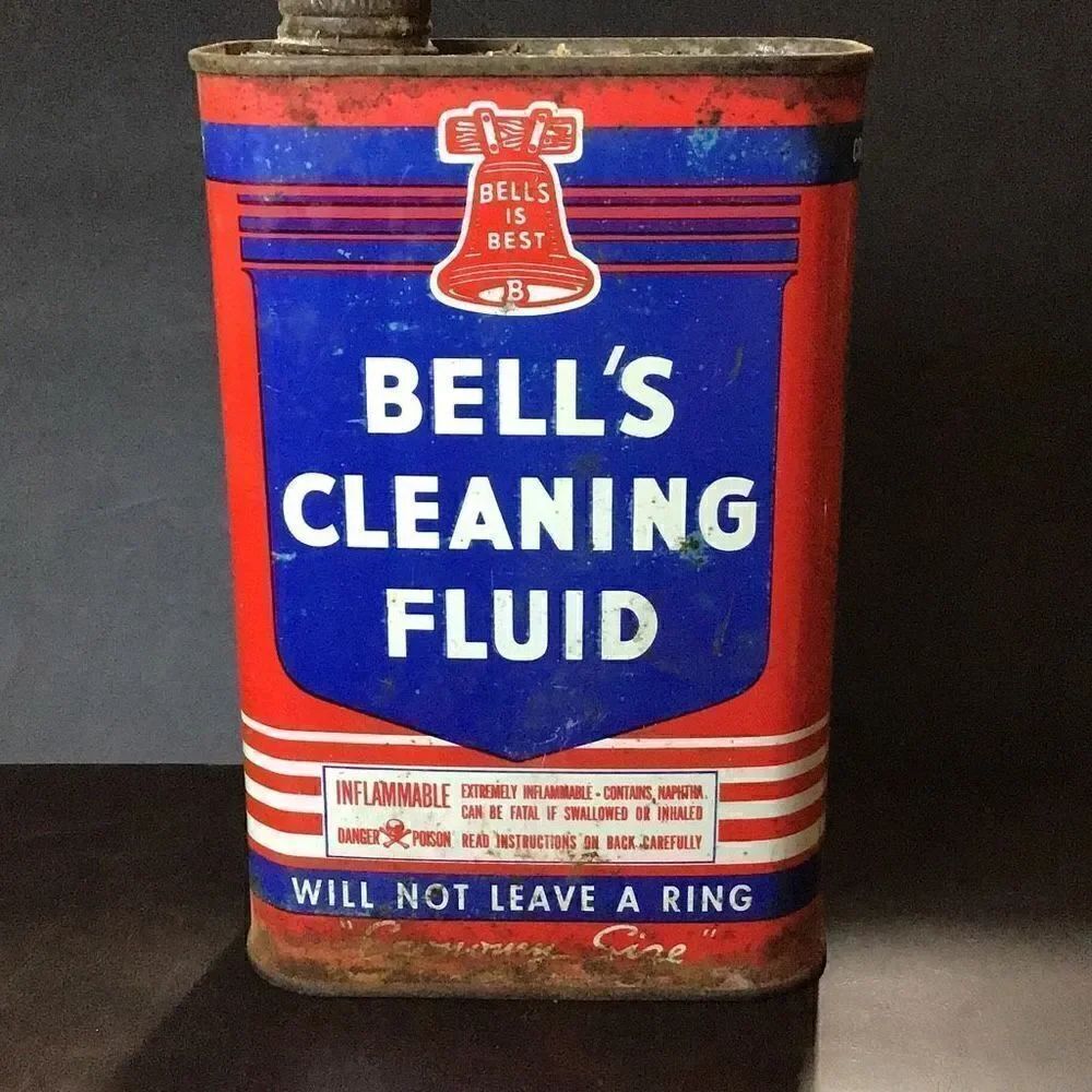 Vintage Bells cleaning fluid bout half full